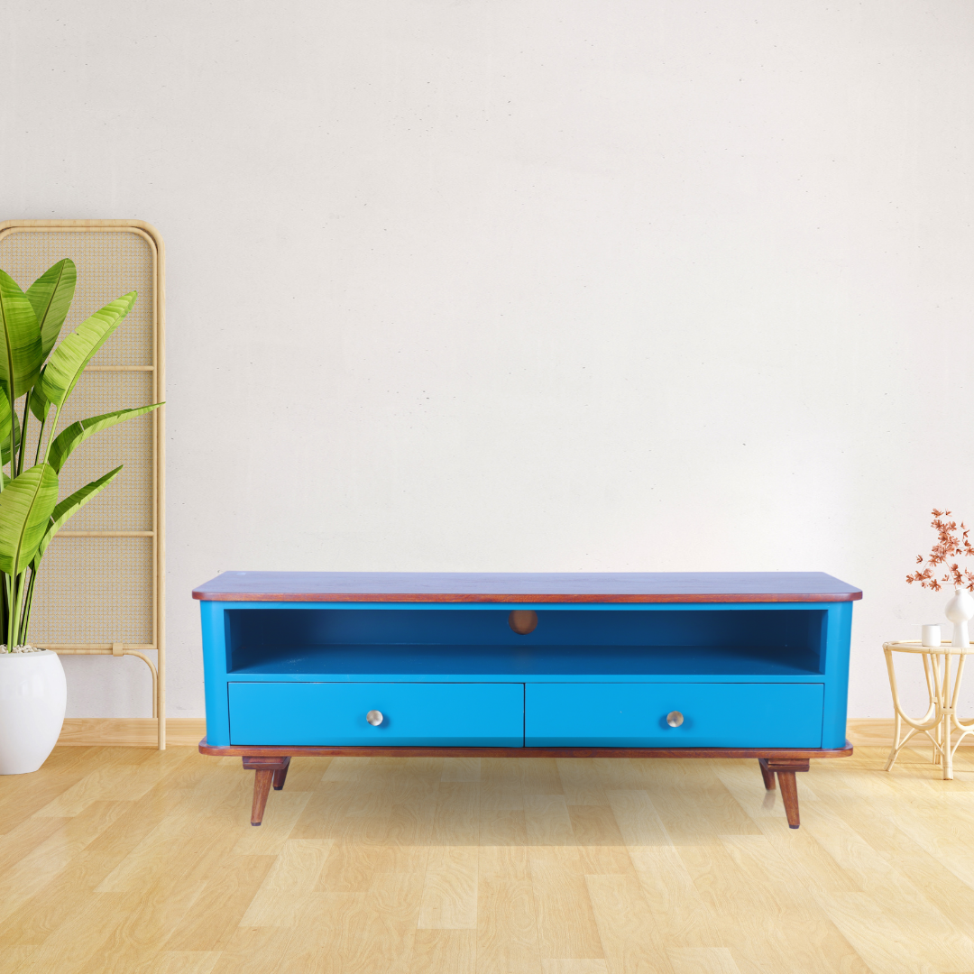 ARENA TV Cabinet Henna 2 Drawer Acacia Wood Peacock Blue Finish ARENA