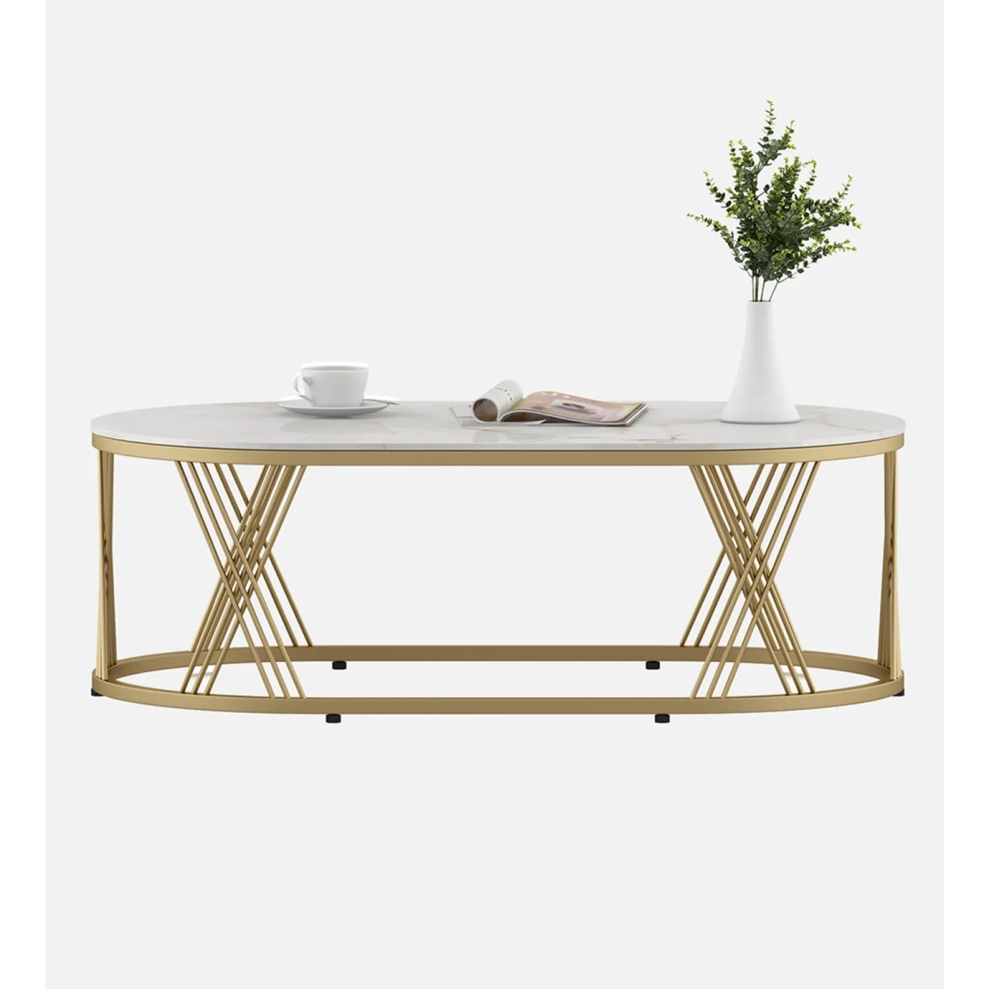 SW CENTER TABLE ROGER OVAL CERAMIC TOP METAL BASE (GOLD) SPACEWOOD