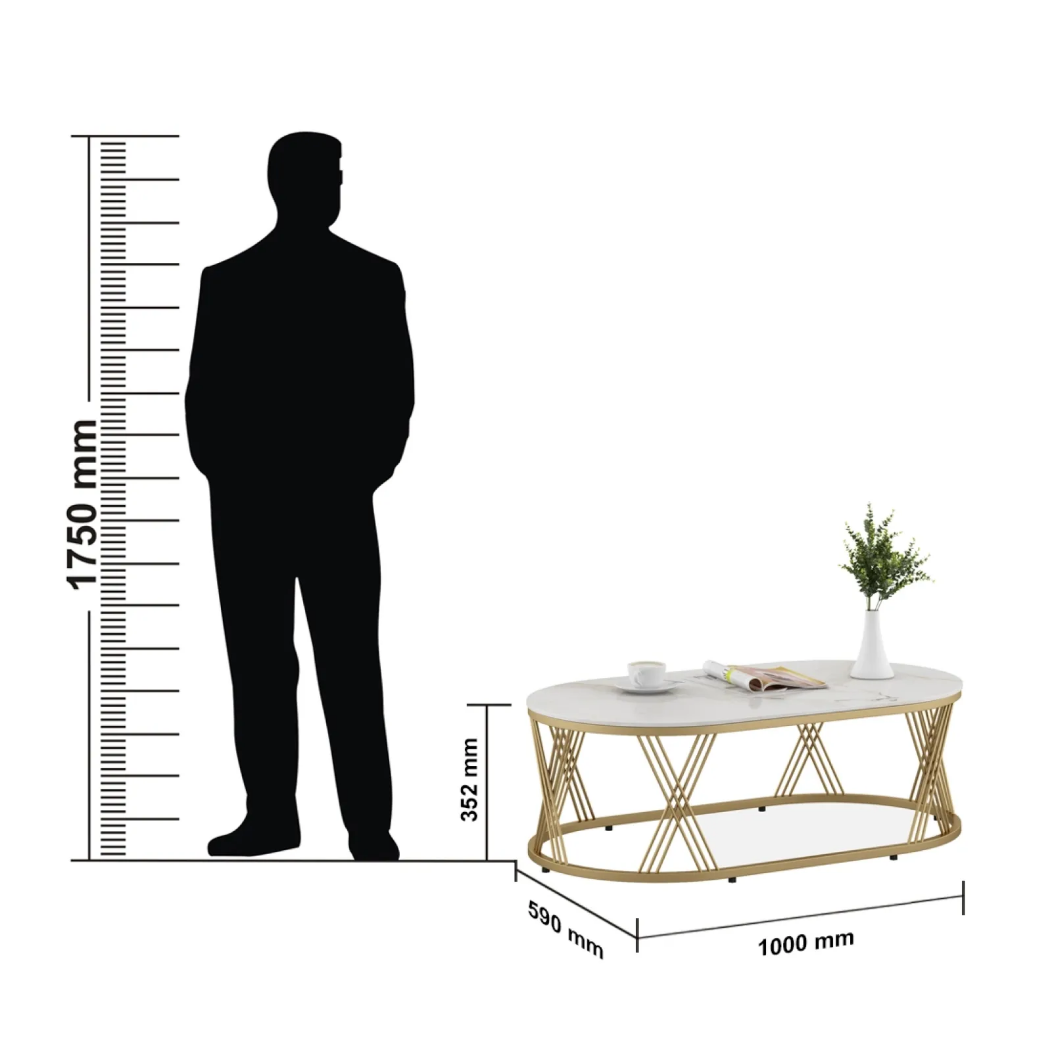 SW CENTER TABLE ROGER OVAL CERAMIC TOP METAL BASE (GOLD) SPACEWOOD