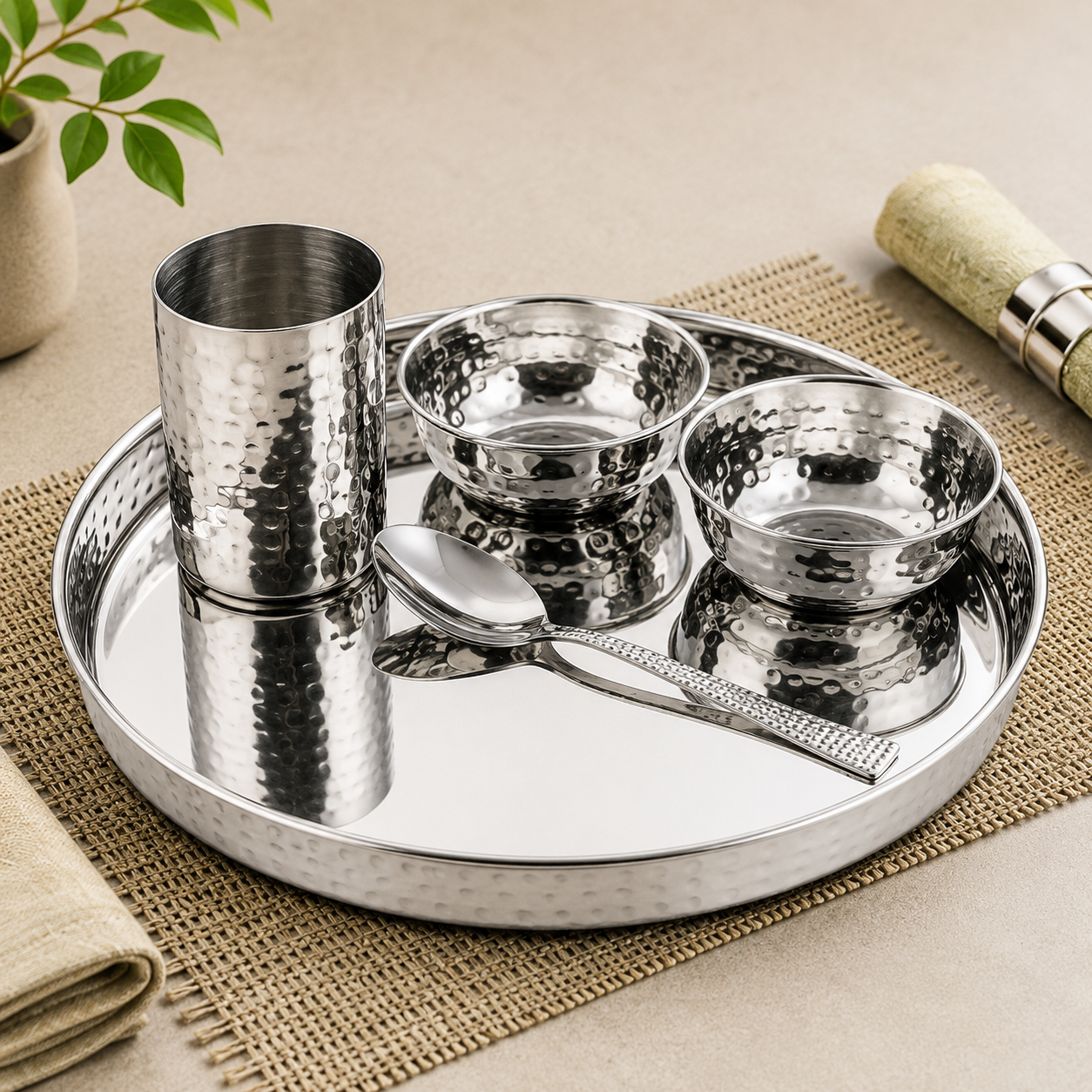 Stainless Steel Hammered Thali Set Komcha SHRI & SAM
