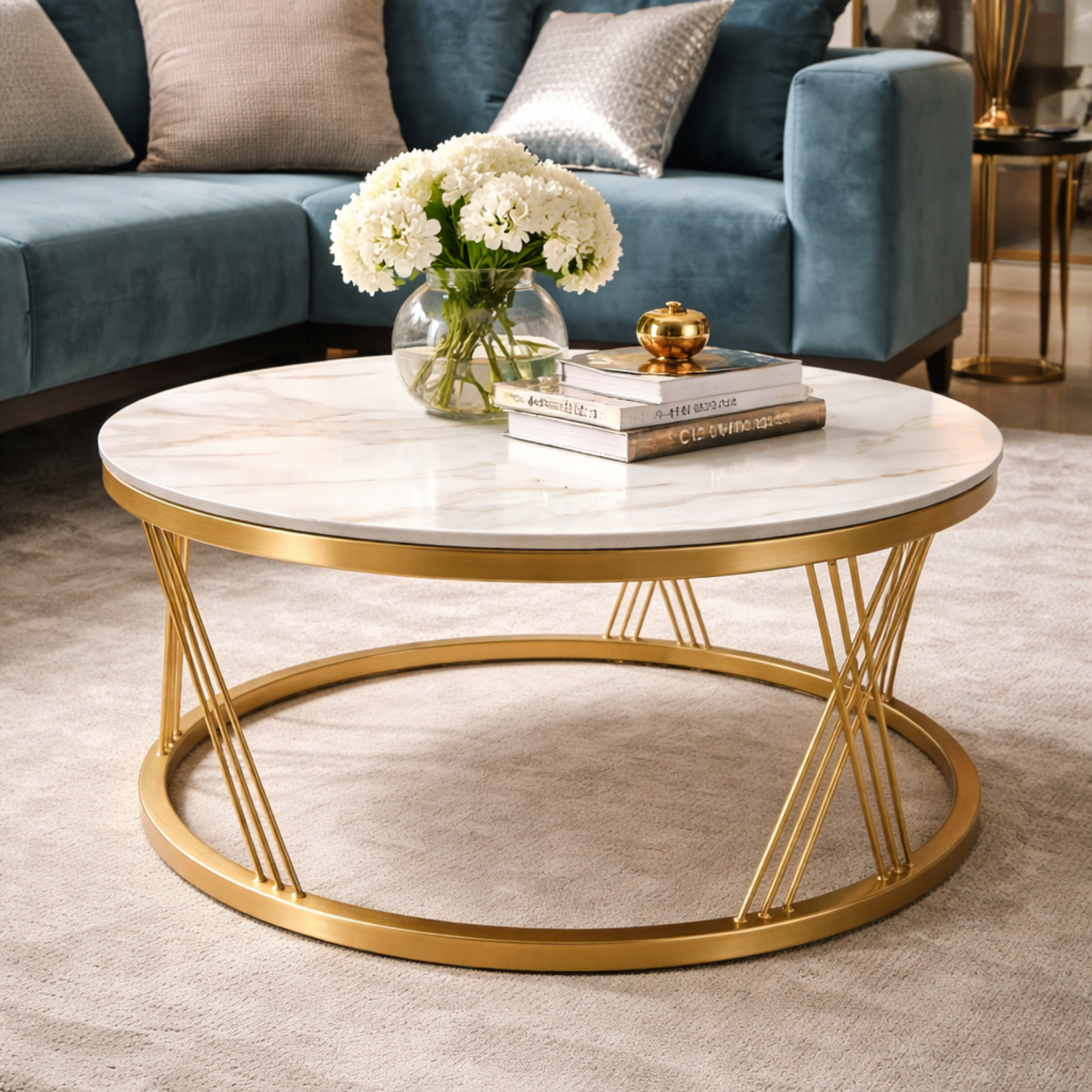 SW CENTER TABLE ROGER ROUND SHORT CERAMIC TOP METAL BASE (GOLD) CMM Arena Retails Pvt Ltd