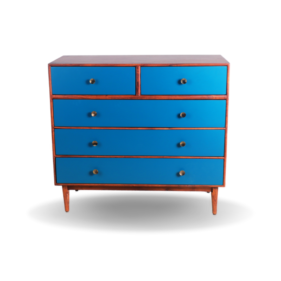 ARENA Dresser 5 (2+3) Drawer Chest Acacia Wood Peacock Blue Finsh ARENA