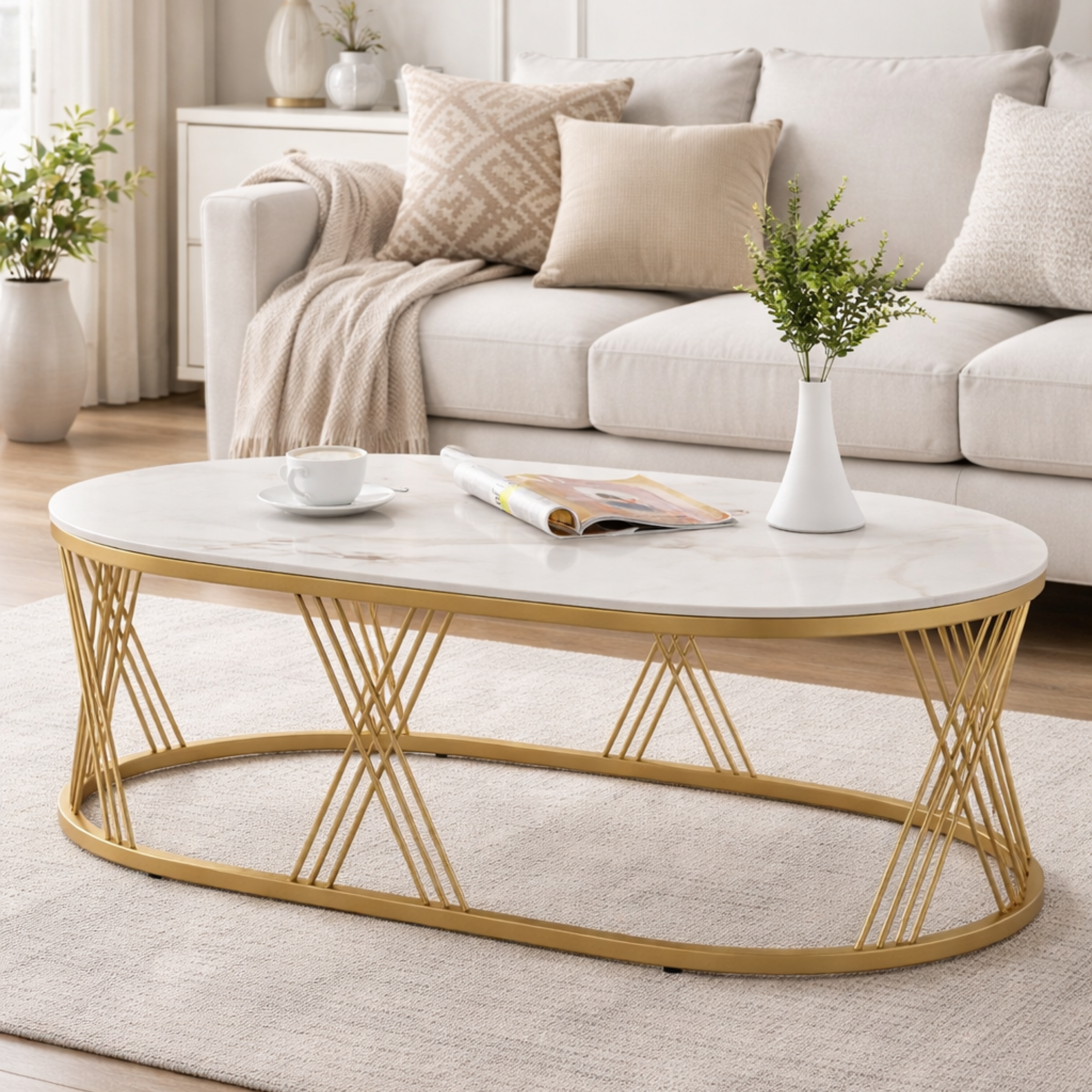 SW CENTER TABLE ROGER OVAL CERAMIC TOP METAL BASE (GOLD) SPACEWOOD