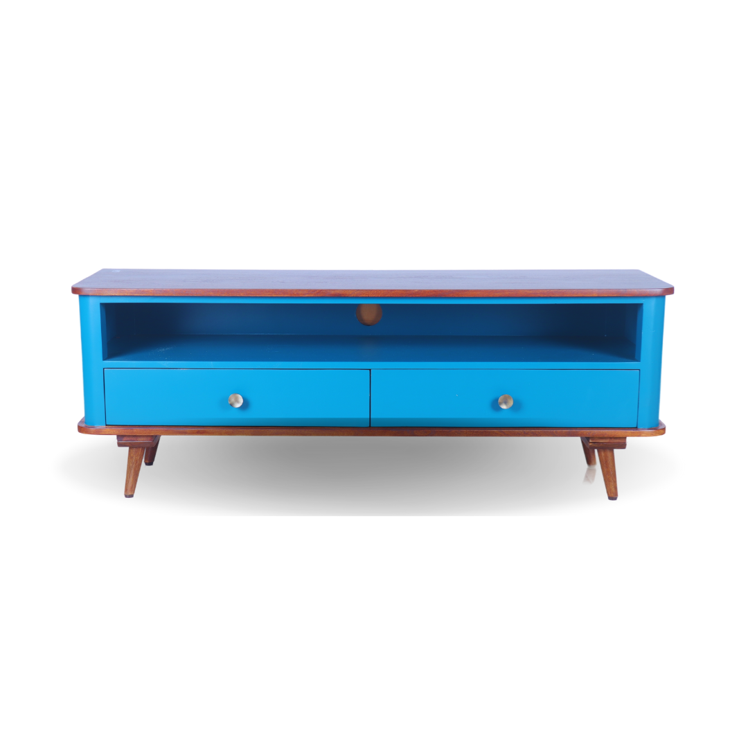 ARENA TV Cabinet Henna 2 Drawer Acacia Wood Peacock Blue Finish ARENA