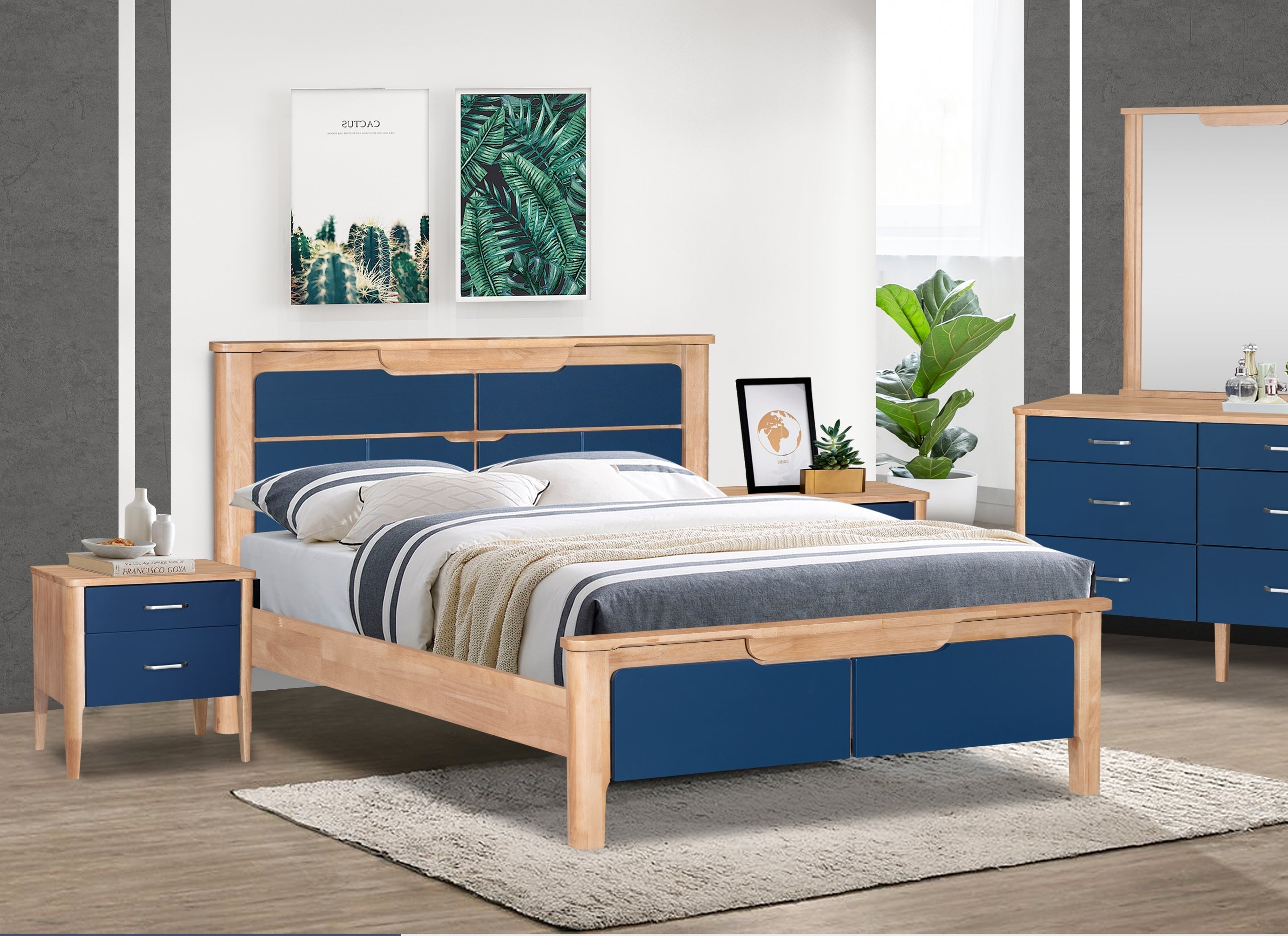ARENA QUEEN BED ASTERIA 152X198 CMS RUBBER WOOD NAT OAK+ WH COL ARENA