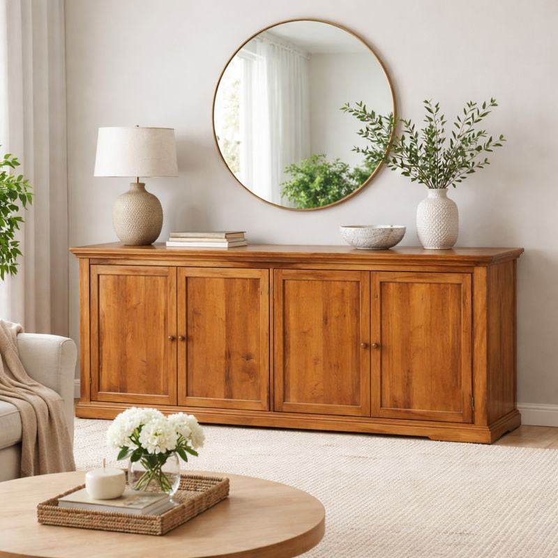 ARENA Vintage Buffet 4 Door Acacia Wood Light Honey Brown Finish ARENA