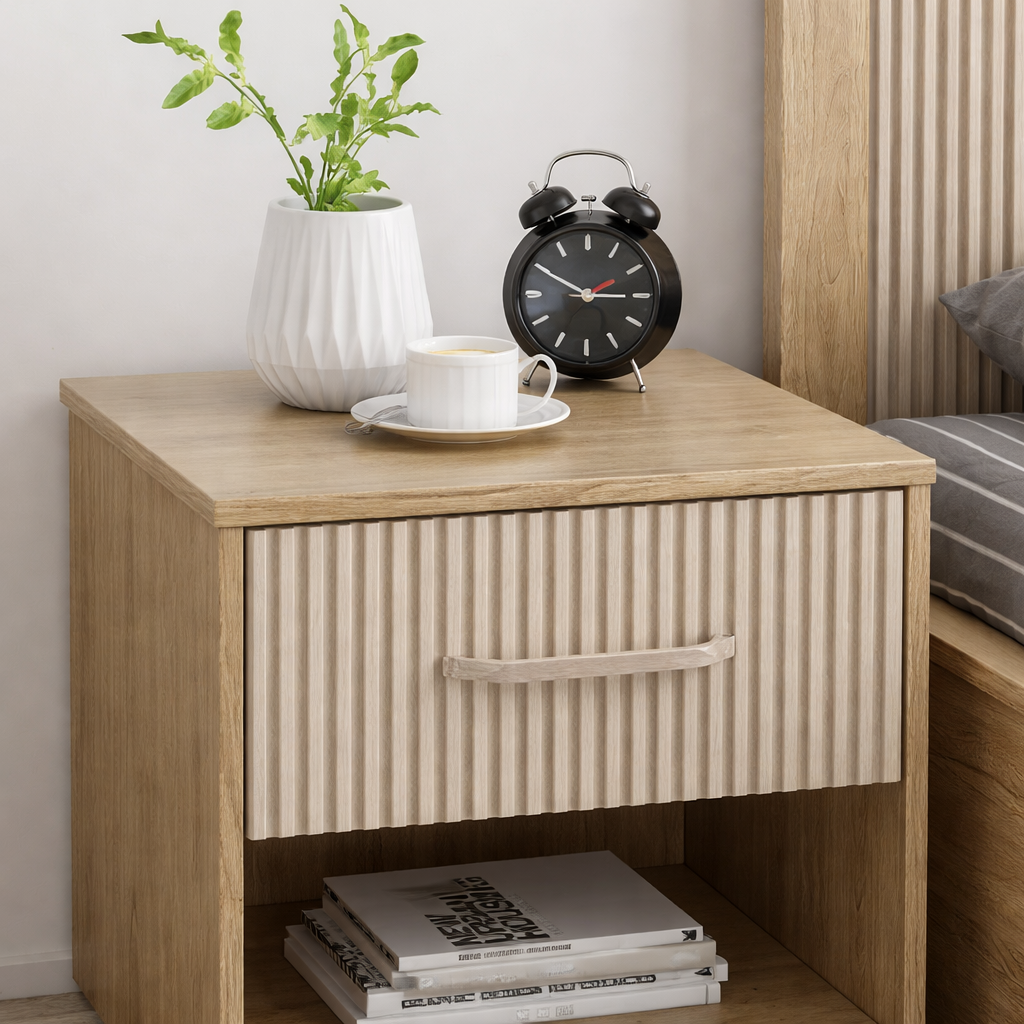 SW BED SIDE CLEO - SANTANA OAK & BAMBOO FLUTE SPACEWOOD