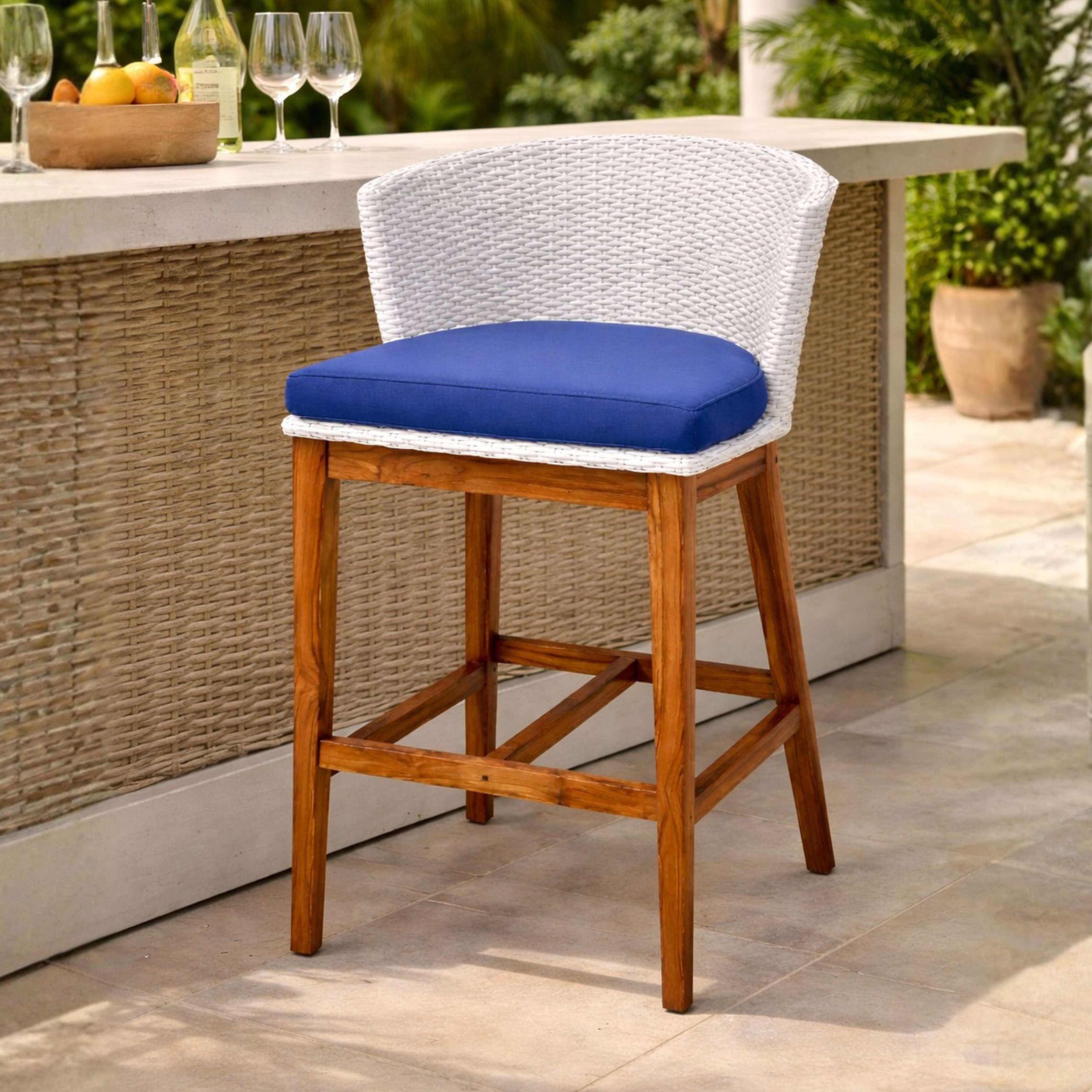 Weave Craft Rhodes Bar Stool – Rehau Wicker with Indian Teak Wood Legs & Cushion Weave Craft
