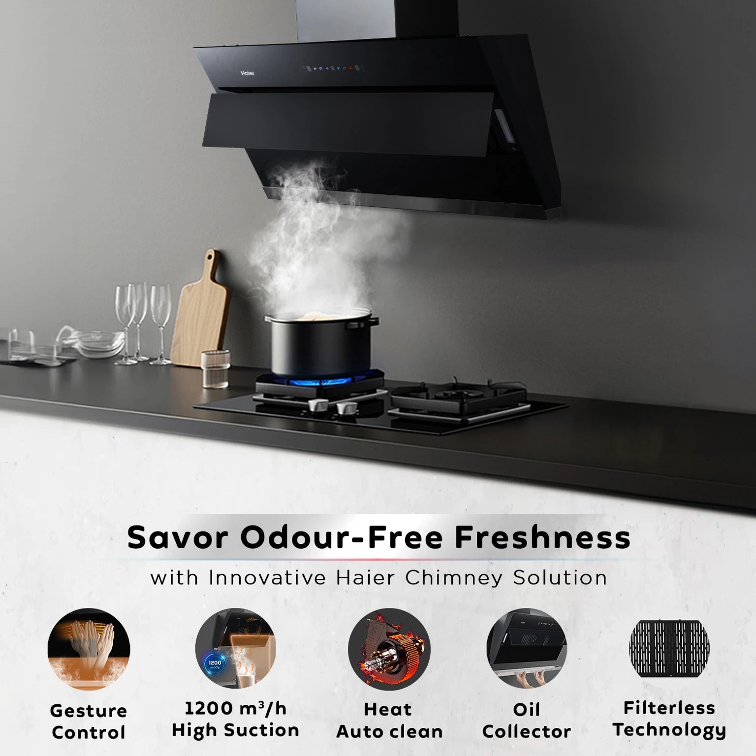 HAIER HIH-V60HM-C | 60 cm, Vertical-Hood Heat Auto Clean Chimney HAIER