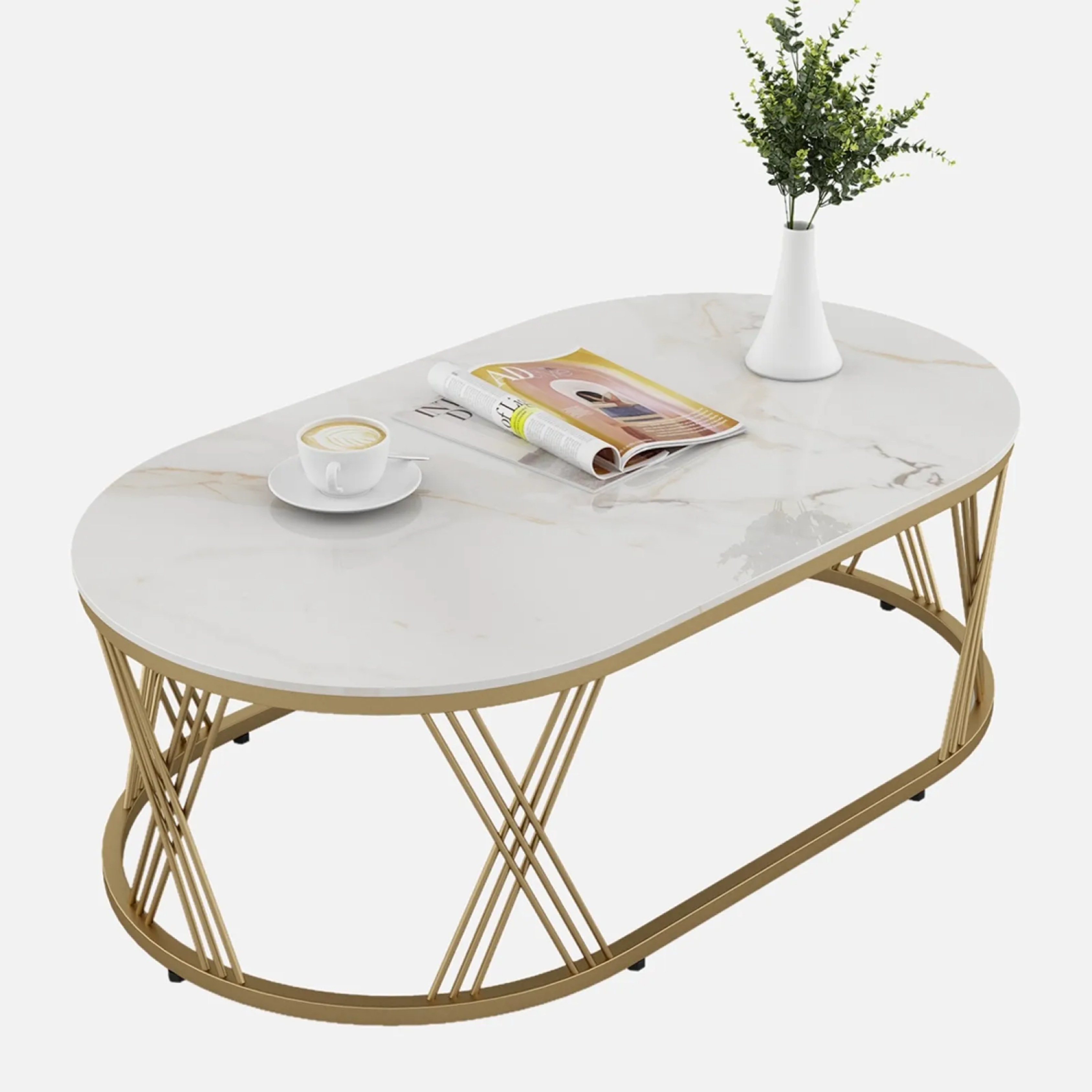 SW CENTER TABLE ROGER OVAL CERAMIC TOP METAL BASE (GOLD) SPACEWOOD