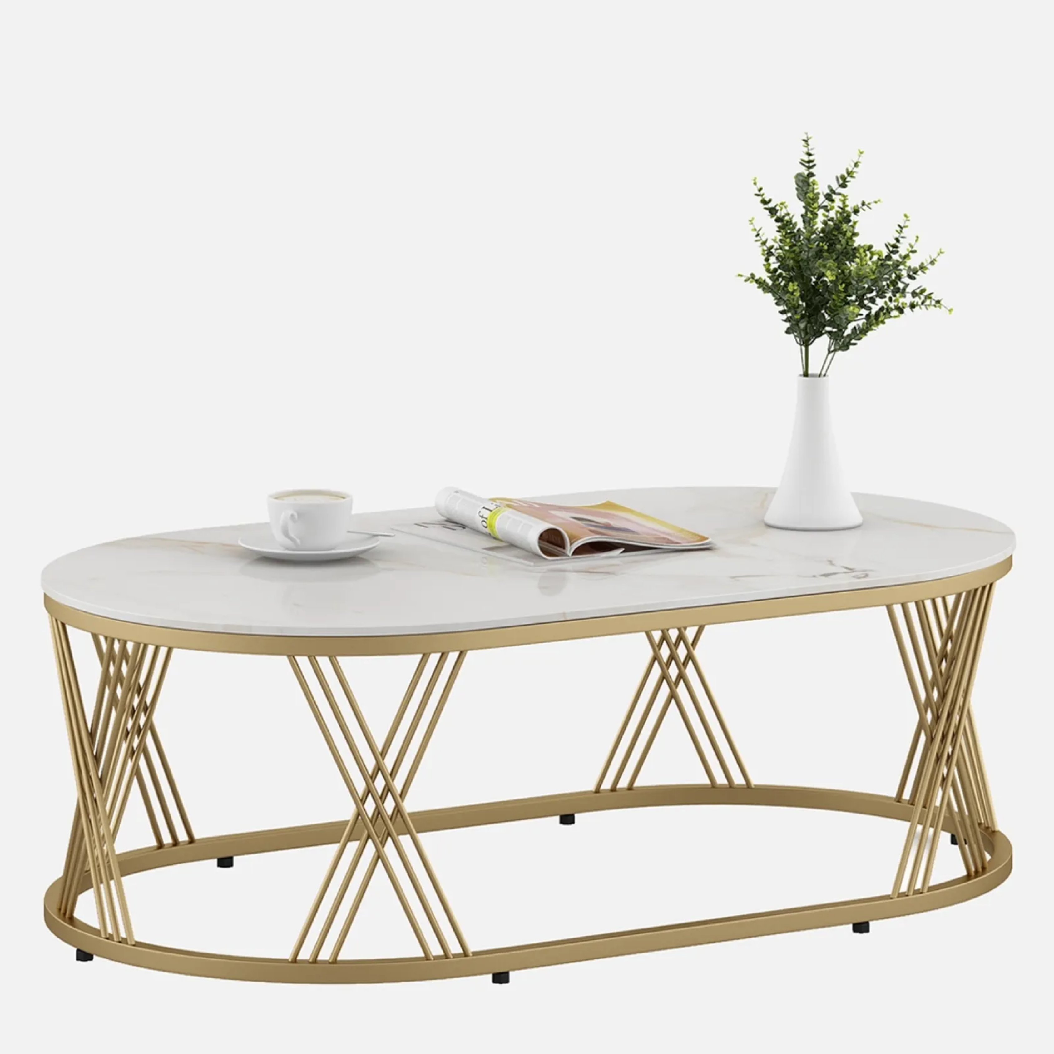 SW CENTER TABLE ROGER OVAL CERAMIC TOP METAL BASE (GOLD) SPACEWOOD