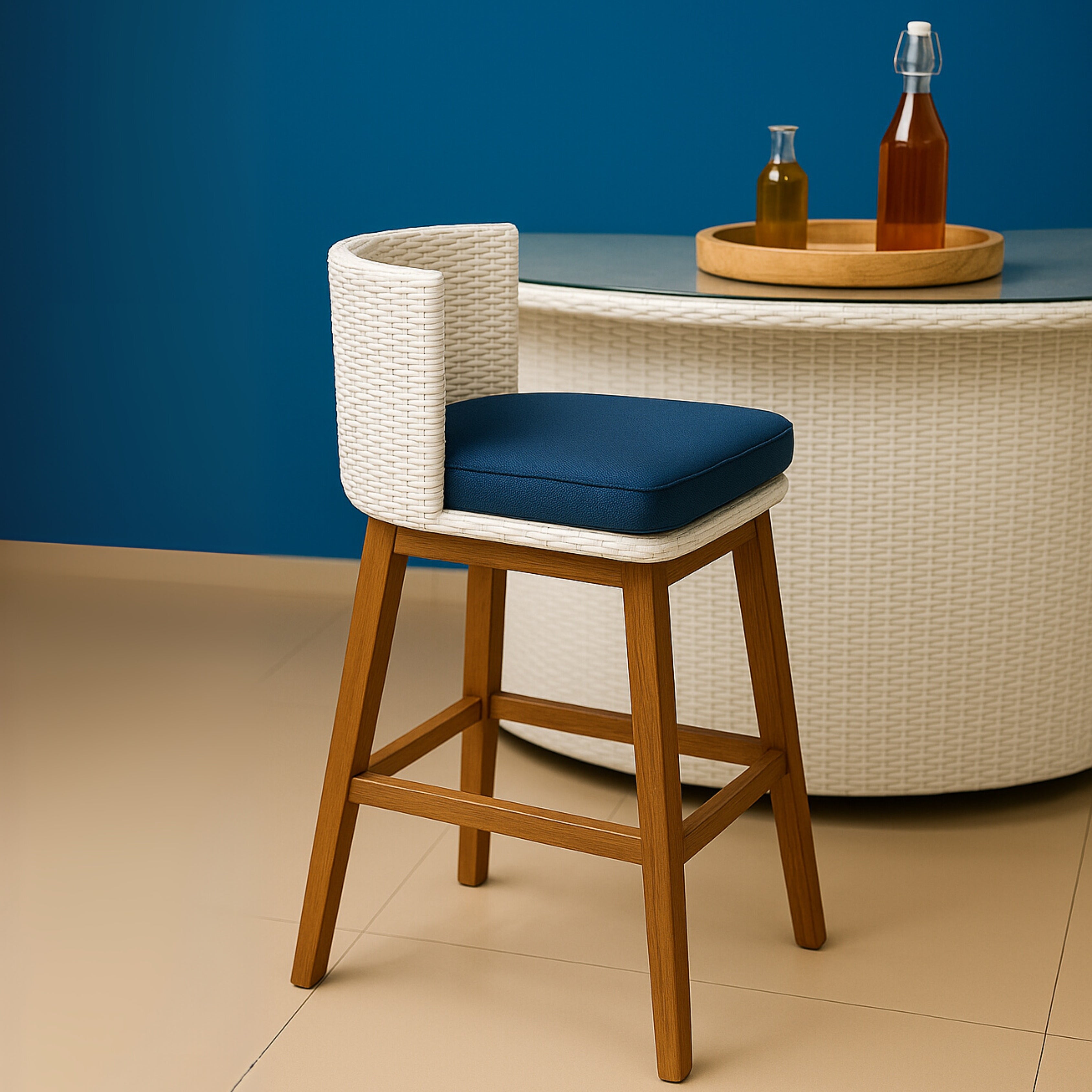 Weave Craft Rhodes Bar Stool – Rehau Wicker with Indian Teak Wood Legs & Cushion Weave Craft
