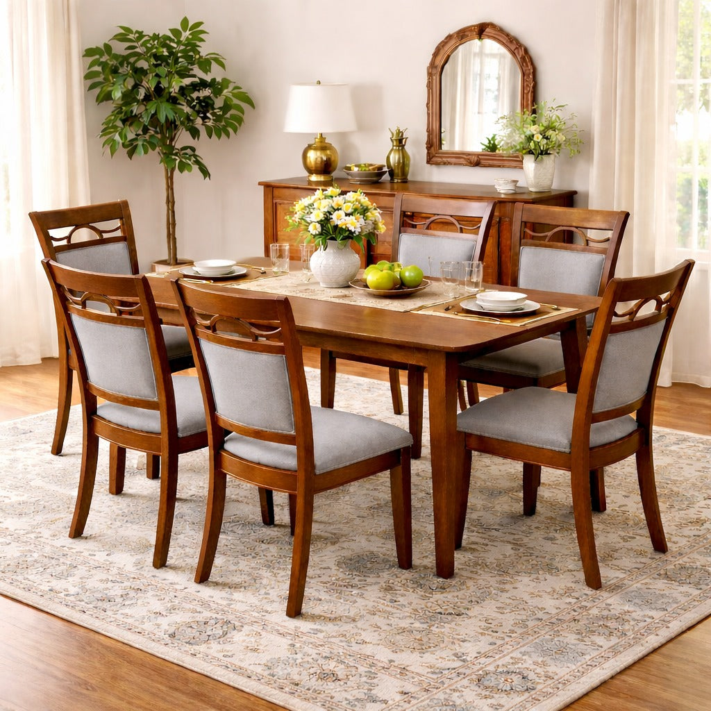 ARENA DINING SET(1+6)  SOLID RUBBER WOOD FIXED TOP WALNUT COLOR CMM Arena Retails Pvt Ltd