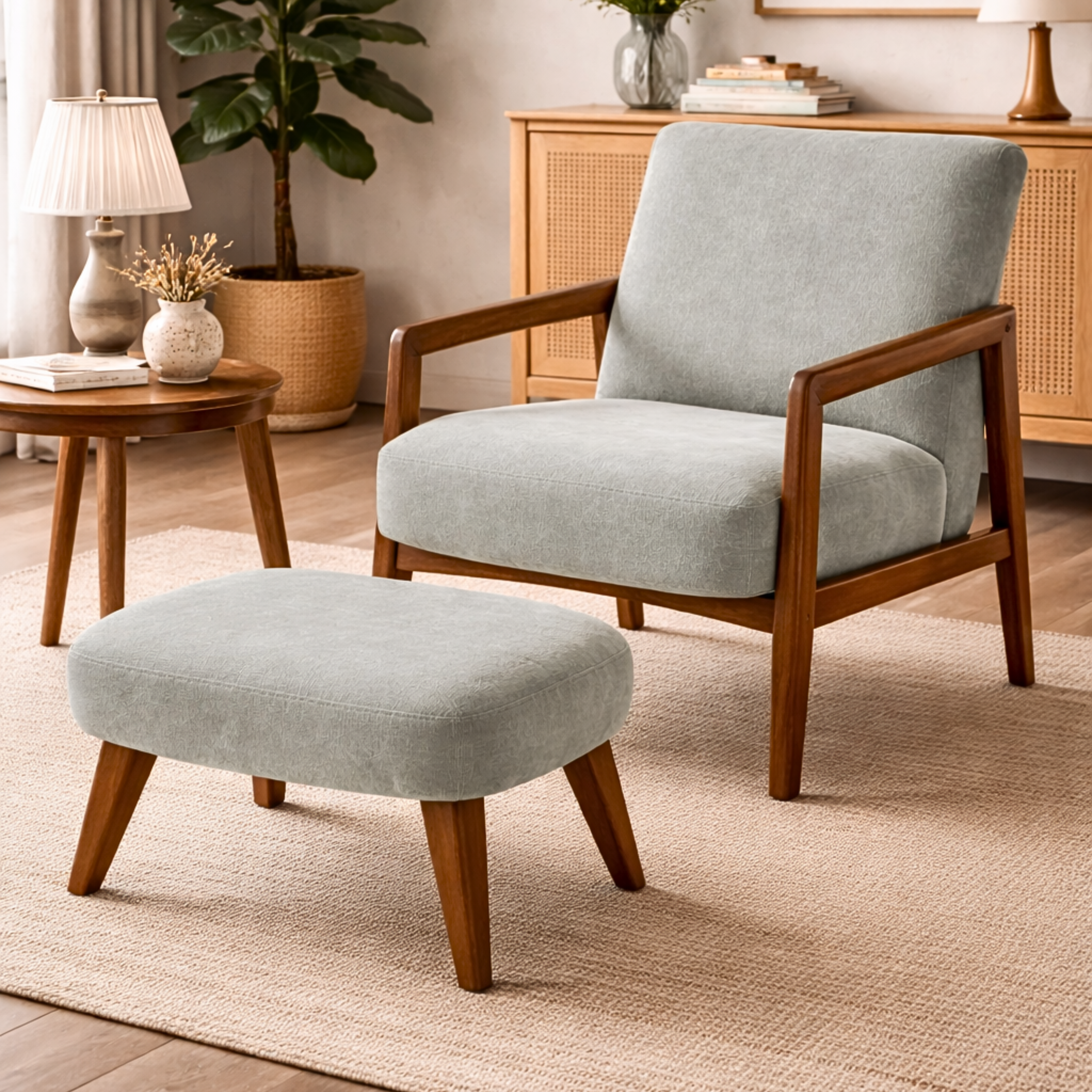 ACCENT CHAIR WITH OTTOMAN WALNUT MILANO GREEN ARENA