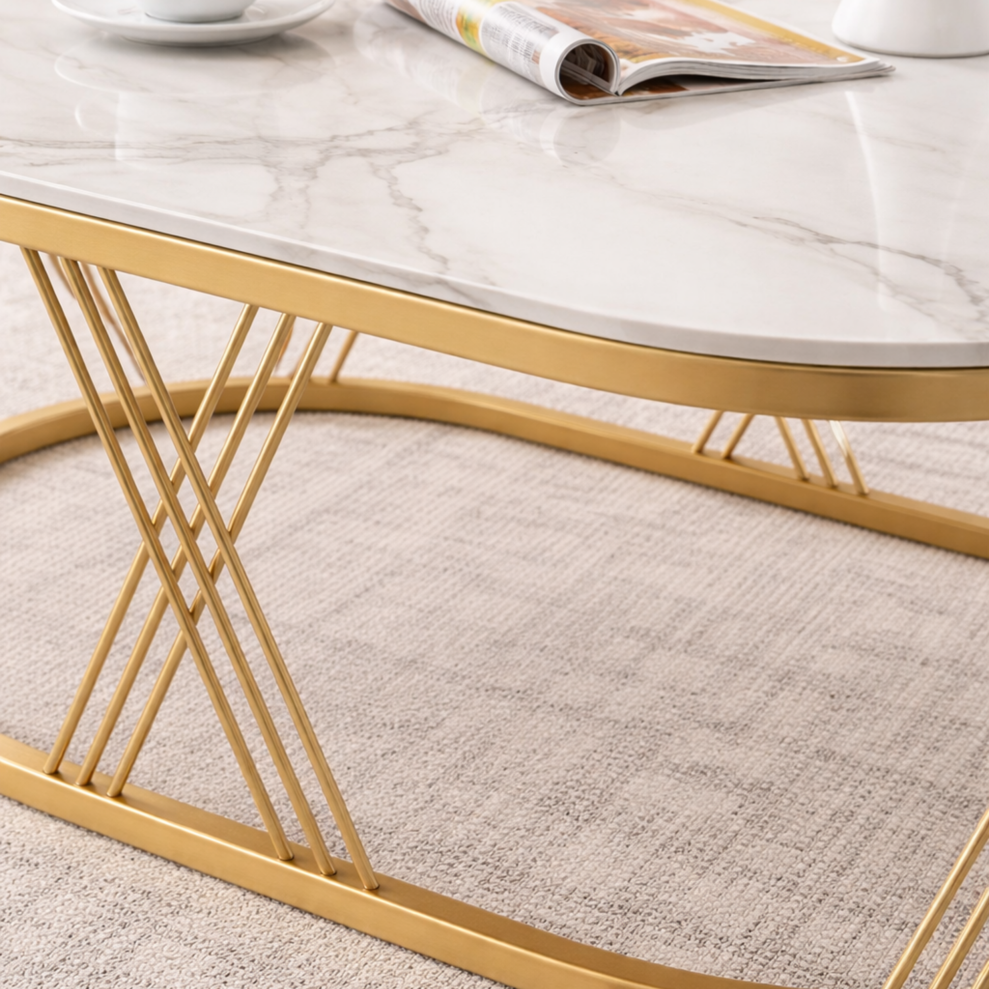 SW CENTER TABLE ROGER OVAL CERAMIC TOP METAL BASE (GOLD) SPACEWOOD