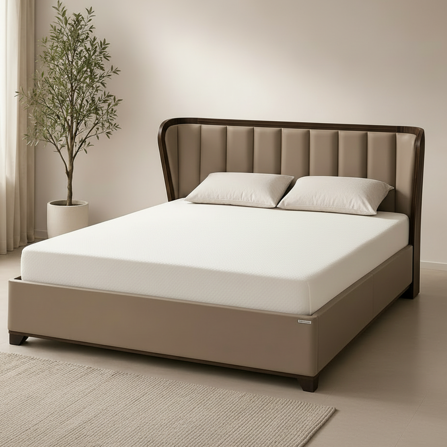 SW QUEEN BED ADORE DESIRE- SAHARA BEIGE & DARK BROWN SPACEWOOD