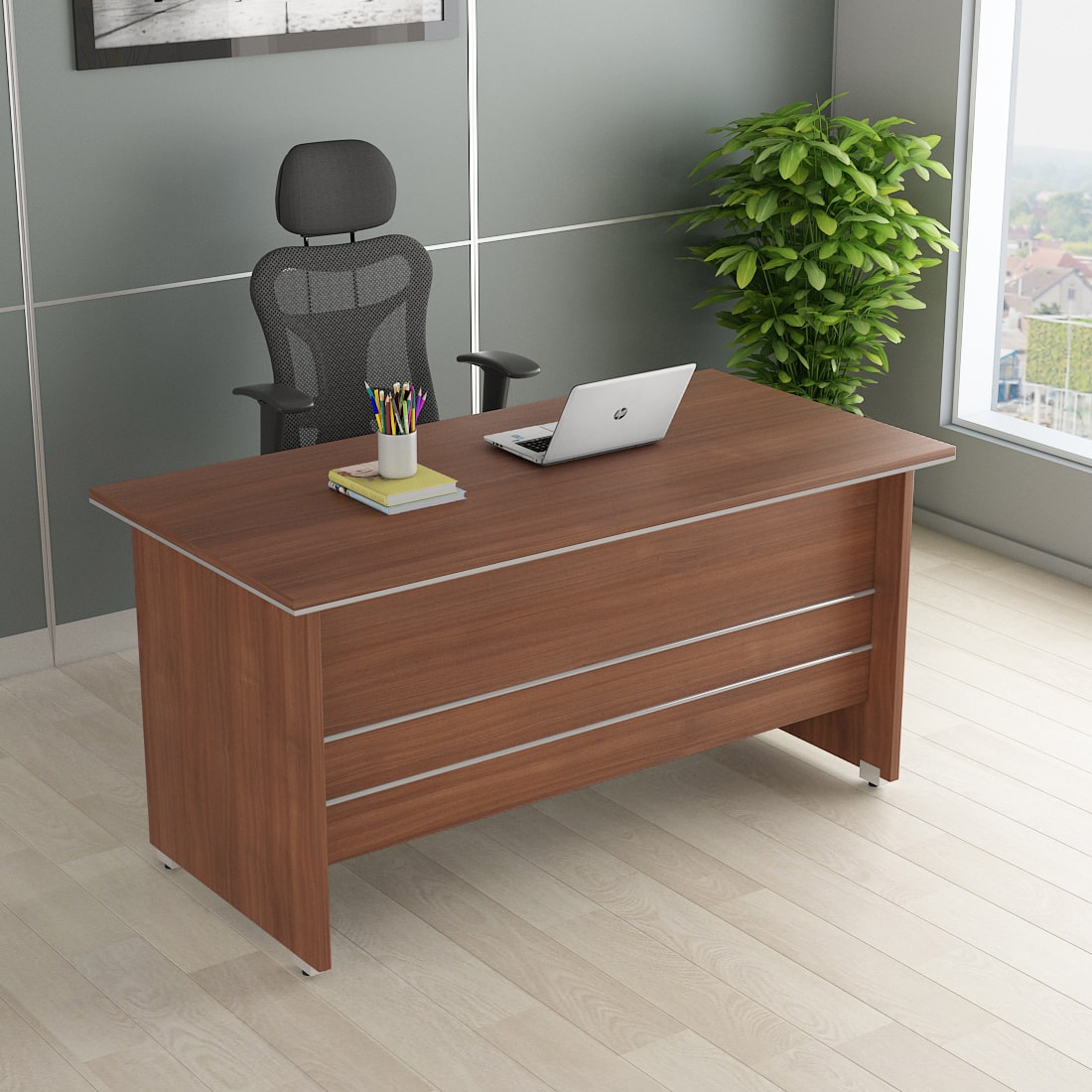 SPACEWOOD NOVA INTEGRA Office Table With 3 Drawer 1 Side Drawer Walnut Rigato