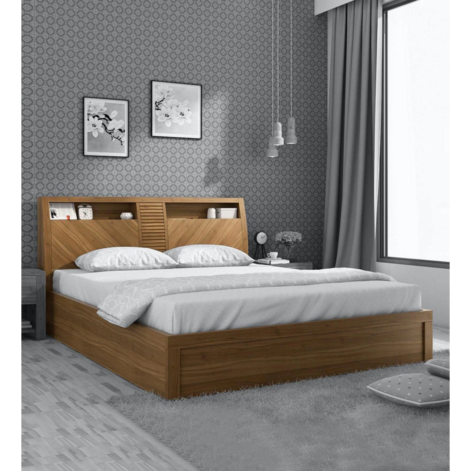SPACEWOOD Queen Bed Monarch V4 3/4Th Lift On Storage Natural Teak SPACEWOOD
