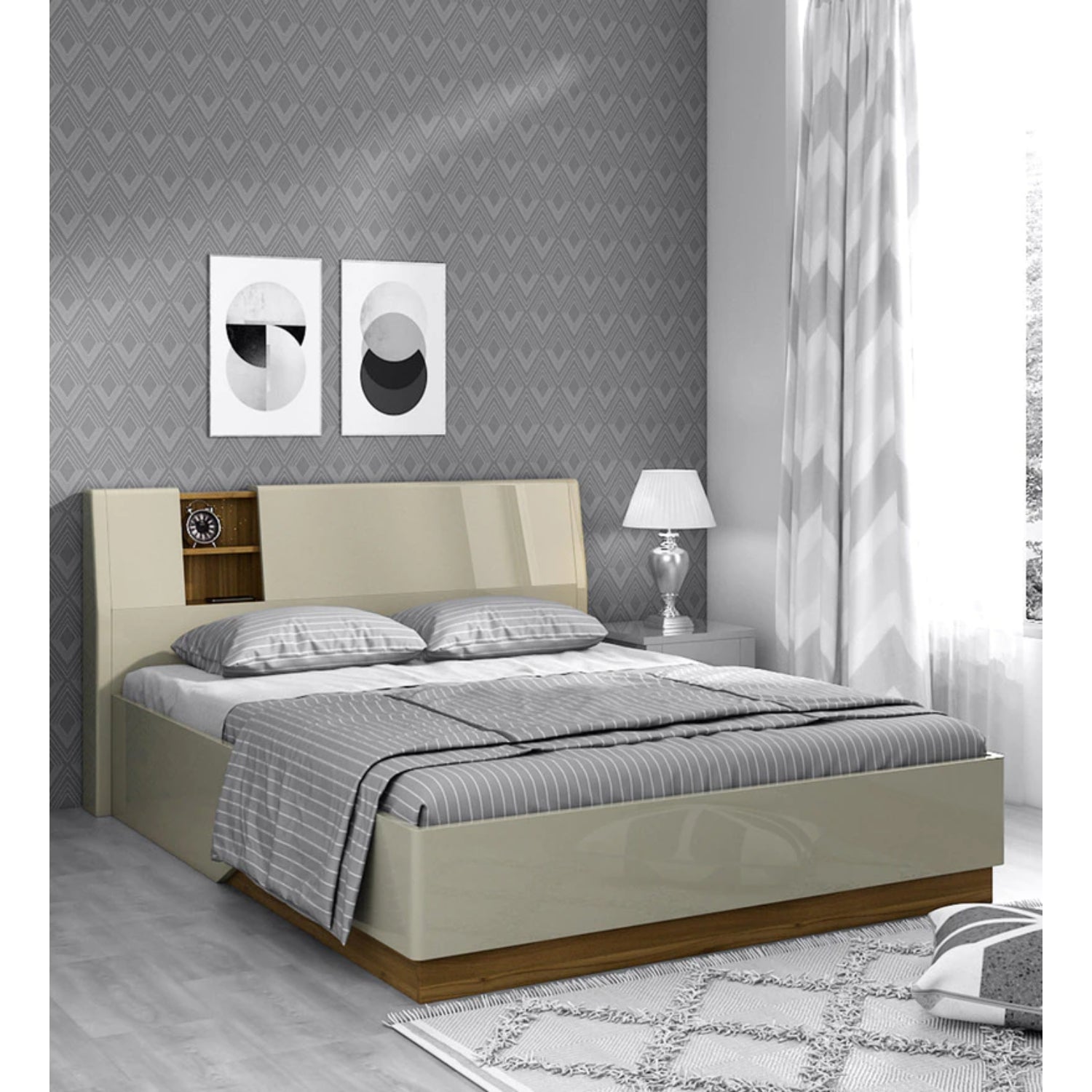 SPACEWOOD King Bed Marvella Full Lift On Hg Cashmere Cream Walnut SPACEWOOD